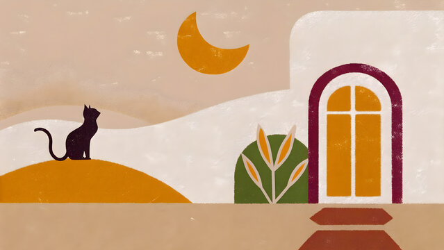 Fondo de Halloween minimalista con gato negro y luna creciente