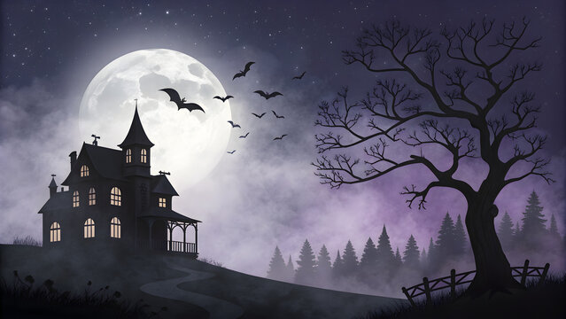 Fondo de Halloween con casa embrujada niebla y luna llena panoramico