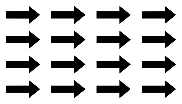 Minimalist vector illustration of a grid of 16 arrows eac set with simple line art design featuring simple design, minimalist, black and white with illustrations and graphics