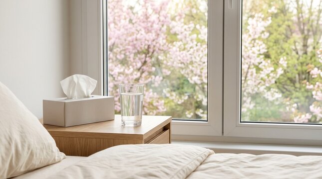 Bedside tissues and water during spring pollen season