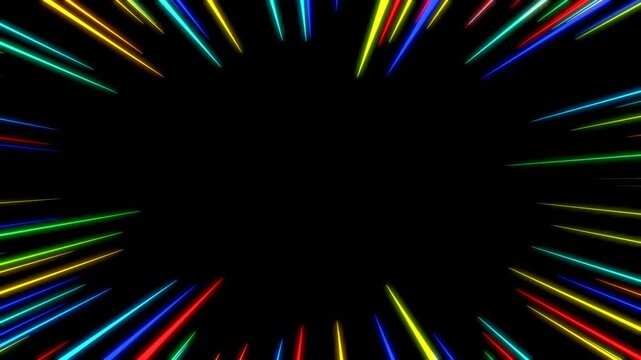 Animated colorful neon speed lines moving on dark background, glowing light streaks motion graphic for gaming and action video