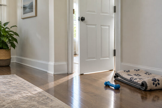 White door ajar in hallway with dog blanket and toy, pet presence and home concept