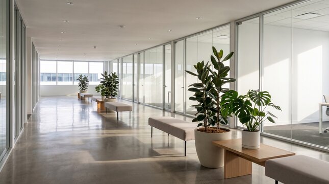 Modern empty office corridor with glass partitions and indoor plants in a bright corporate building