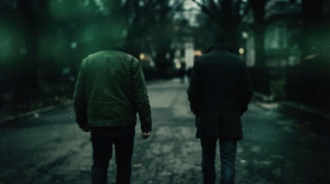 Two men walking away down a dark, moody street at night