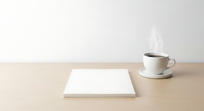 A steaming ceramic cup filled with dark espresso rests beside a blank paperback book upon a light wooden tabletop inside a bright minimal room creating an inviting morning workspace environment