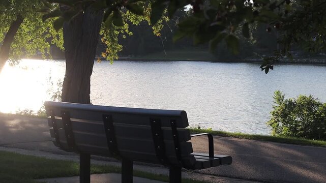 A wooden bench at a park next to the river and trees with the sunset reflecting off the water with slow handheld movement.