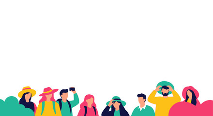 Fototapeta premium Diverse group of people with hats and backpacks travel and leisure concept flat design