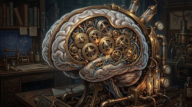 Steampunk brain with mechanical gears inside