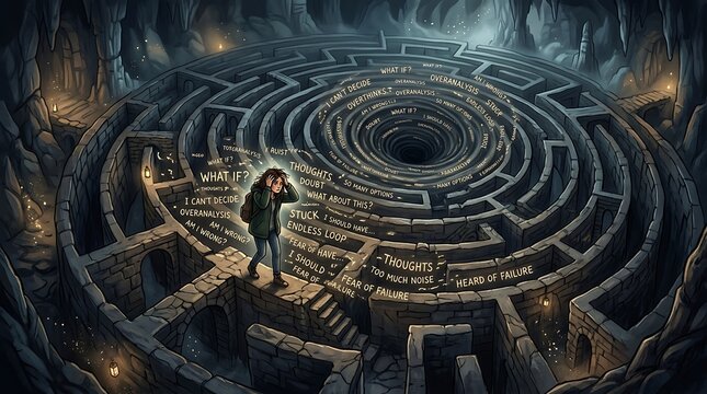 Person exploring maze with chalk thoughts