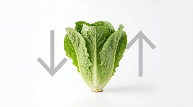 Fresh lettuce with minimalist upward and downward arrows, representing agricultural market trends, supply and demand, food business performance, and economic change.