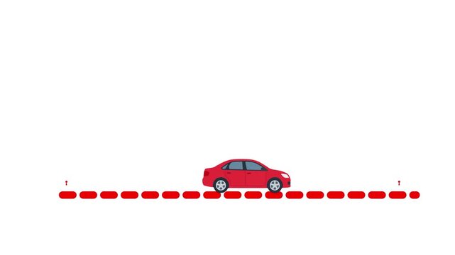 Red car moving between two location pin markers along a dotted line route 2D flat animation