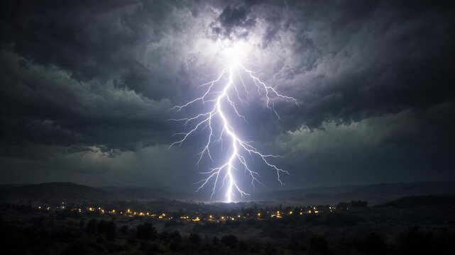 Dramatic Lightning Striking Down From Dark Clouds Over Distant Landscape During Stormy Night