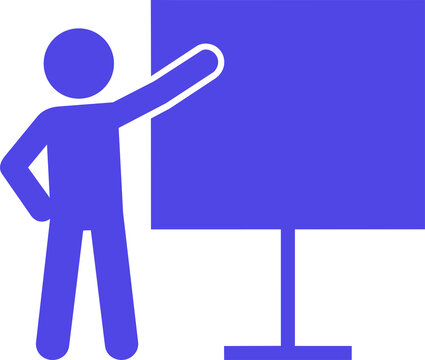 Indigo Stick Figure Pointing at Presentation Board Teaching Icon Isolated on Transparent Background PNG Vector