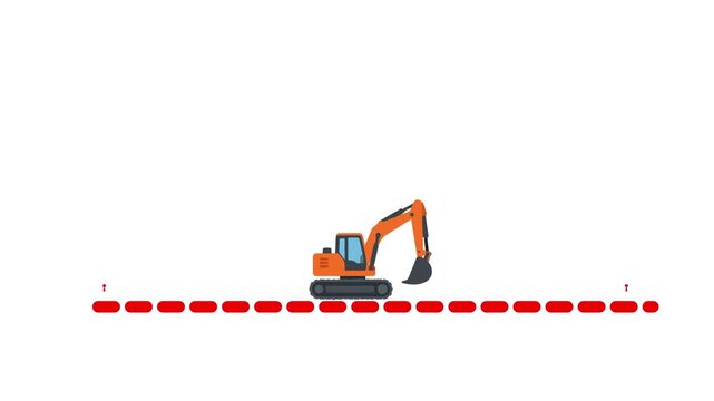 Heavy machinery excavator moving along a red dotted path between two location markers on white