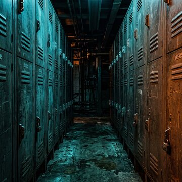 Creepy Abandoned School Hallway with Old Lockers.