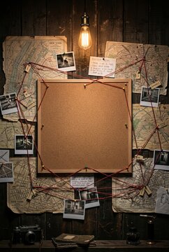 Detective Investigation Board with Maps and Photos.