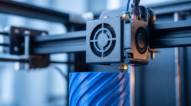 Close-up of a modern 3D printer nozzle extruding blue plastic filament while manufacturing a complex geometric object in an industrial workshop or technology laboratory