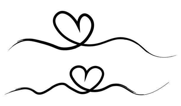 Hand drawn doodle heart continuous one line drawing, black and white heart clipart, love heart, calligraphic heart shape, ribbon, symbol, text divider, isolated vector illustration