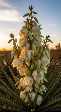 Yucca Plant Blooms at Sunset in the Desert Landscape.