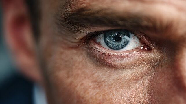 Extreme close-up of a blue eye, conveying intensity and focus. The surrounding skin shows texture and detail, hinting at determination or deep thought