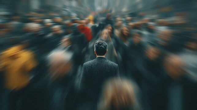 A man in a suit standing with his back to the camera, surrounded by a blurred crowd of people. The scene conveys a sense of isolation or standing out amidst a multitude