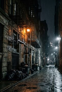 Rainy Night Alleyway with Old Buildings and Streetlights.