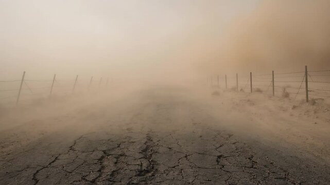 Dust Storm Obscuring Cracked Road in a Desolate Landscape with Fencing and Hazy Sky