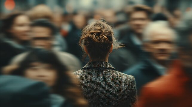 A woman stands with her back to the camera, facing a blurred crowd of people. Her hair is pulled back in a bun, and she is wearing a tweed jacket.