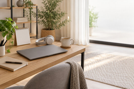 Hybrid work desk with laptop headphones and blank calendar in a bright home office