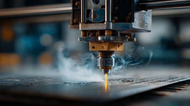 A precise laser engraving machine creating intricate designs on metal. The bright laser beam cuts through the material, producing smoke and sparks, highlighting the advanced technology
