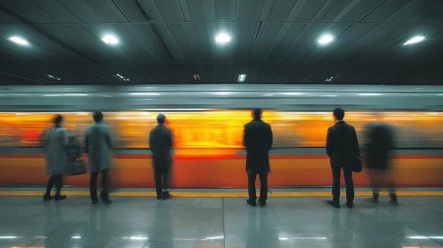 People waiting for a train at a subway station. The train is blurred with motion, indicating it's moving fast past the platform. The individuals are silhouetted against the train's light