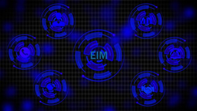 EIM icon surrounded by smaller icons for ai and manufacturing process management all connected in a digital circuit like pattern, 4k animation. black