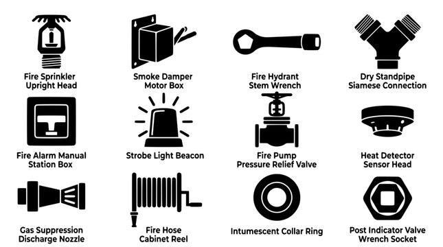 Minimalist fire safety equipment vector icon set. Fire sprinkler, alarm station, strobe, hydrant wrench, valve, nozzle, heat detector and hose reel perfect for construction and building designs.
