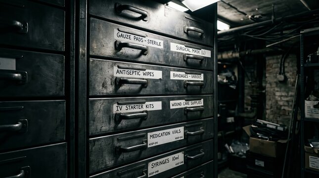 Vintage Industrial Metal Filing Cabinet with Labeled Drawers.