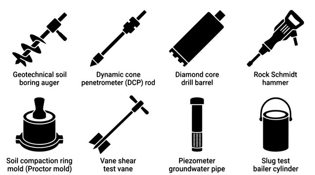 Minimalist geotechnical engineering equipment vector icon set. Soil boring auger, penetrometer, drill barrel, hammer, proctor mold, vane, piezometer, and bailer perfect for industrial engineering.