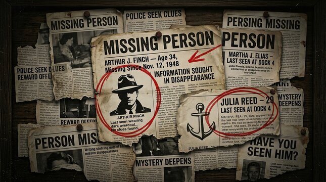 Vintage Missing Person Posters Collage with Detective Noir Elements.