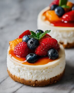 Mini cheesecakes topped with fresh berries and a dollop of fruit compote. These delightful desserts are perfect for any occasion, offering a creamy and fruity explosion of flavor.