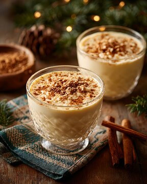 Two glasses of creamy eggnog garnished with cinnamon and nutmeg, set against a backdrop of festive Christmas decorations and warm lights