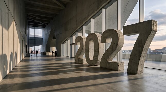 Large 2027 numerals in spacious modern glass hall, futuristic New Year concept, architectural scale and future vision, bright interior with natural light, milestone year and modern design.
 