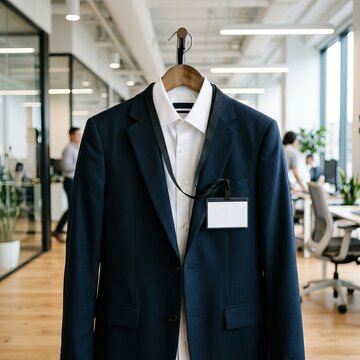Business Suit with ID Badge Hanging in Modern Office Environment.