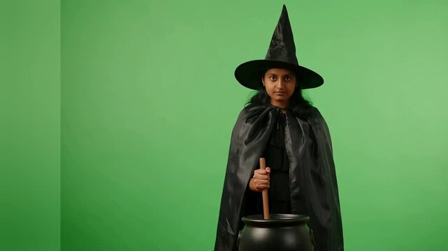 Halloween witch girl stirring magic cauldron on green screen background for chroma keying production