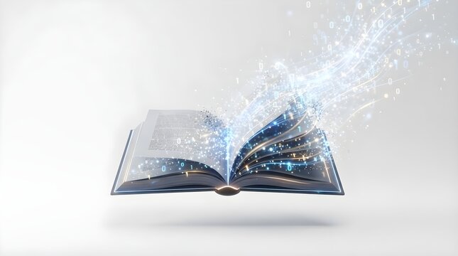 Open book with sparkling magical light and blue energy waves, knowledge and inspiration concept, fantasy storybook, learning and imagination theme, magic library and educational wonder.