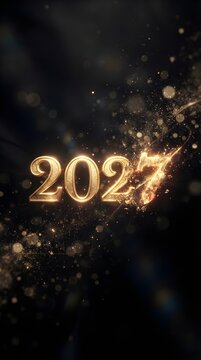 Elegant golden 2027 numbers surrounded by sparkling particles on a dark background, creating a festive concept for New Year celebrations, future goals, milestones and upcoming events.
