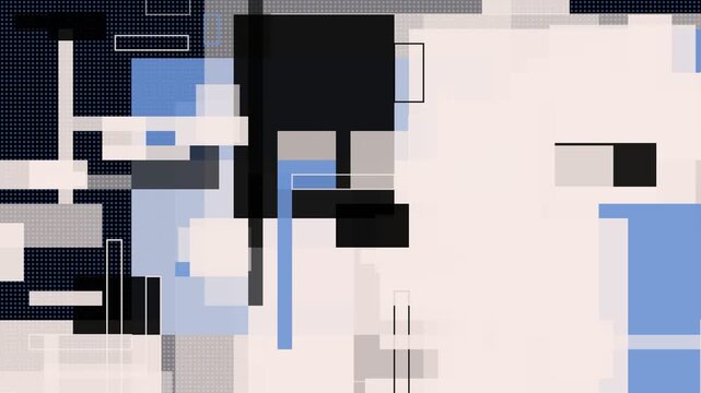 Rectangle panels shifting and sliding across white canvas with black and blue square blocks for motion graphic background