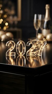 Glowing golden 2027 typography with sparkling lights, new year celebration, bright future, fresh beginning, hope, and ambitious goals ahead.