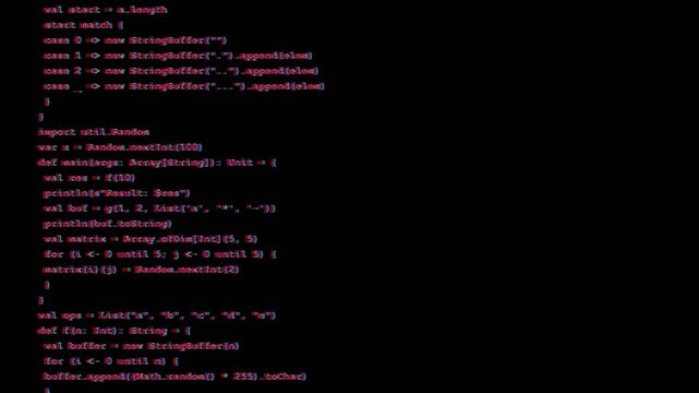 Source code text lines scrolling upwards in red font on black screen for cyber security programming background