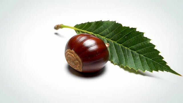 Fresh chestnut nut and green leaf on white background