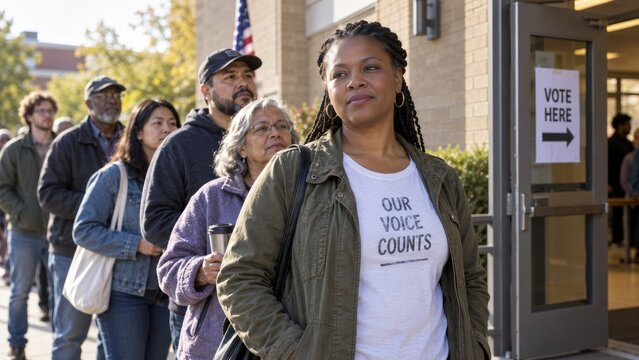 Civic participation awareness with people waiting in line to vote