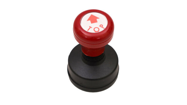 Medium size round, red-and-black automatic flash stamp featuring a TOP arrow mark at the top. Transparent background. 