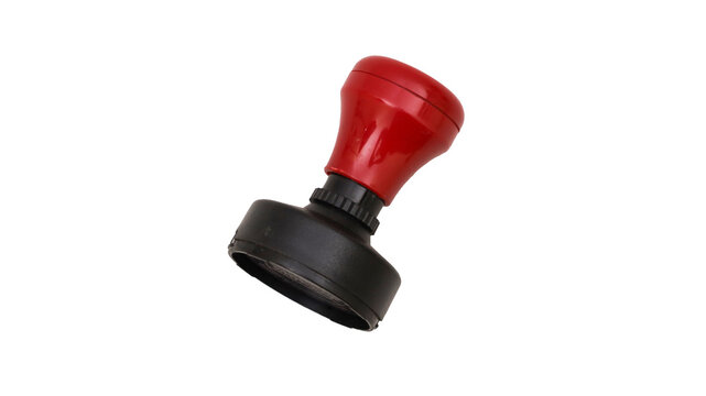 A side-view photo of a medium size round, automatic flash stamp in red and black. Transparent background
